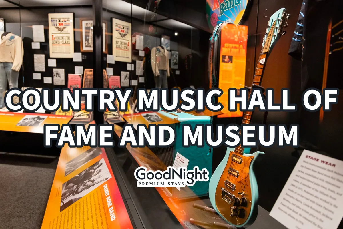 Inside a museum space, this image focuses on guitars, stage wear, and historical music posters, capturing the vibrant musical legacy of Nashville. The display invites exploration and discovery, especially for families interested in music history.