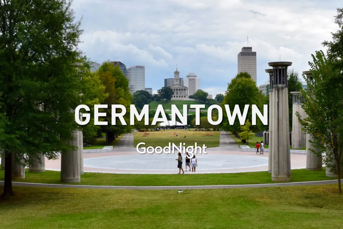 The image presents a scenic city park with people walking and gathering, set against the backdrop of the Nashville skyline at dusk. The ambient light and relaxed atmosphere evoke a sense of community, outdoor leisure, and local connection.